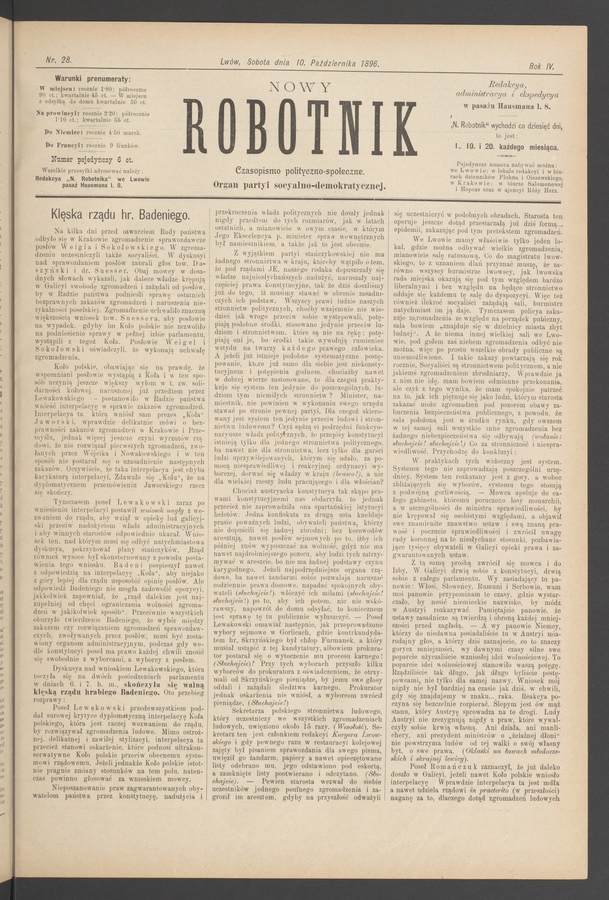 Nowy Robotnik : czasopismo polityczno-społeczne : organ partyi socyalno-demokratycznej. Rok 4, 1896, numer 28