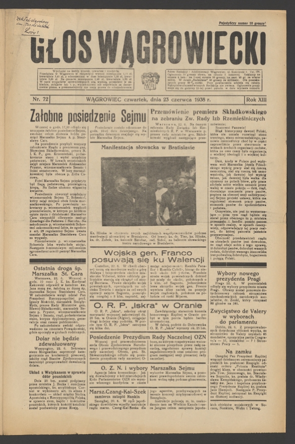 Głos Wągrowiecki. Rok&nbsp;13, 1938, numer&nbsp;72