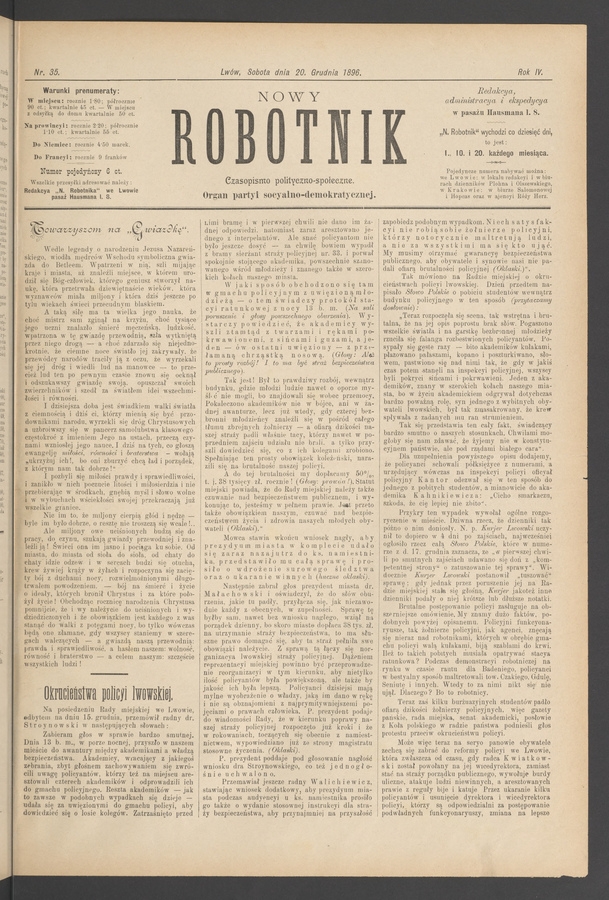 Nowy Robotnik : czasopismo polityczno-społeczne : organ partyi socyalno-demokratycznej. Rok 4, 1896, numer 35