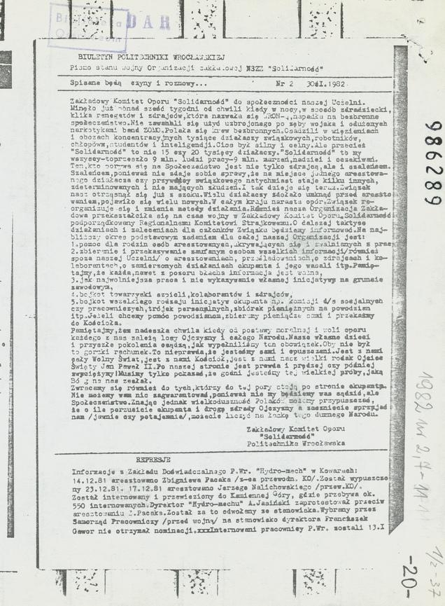 Biuletyn Politechniki Wrocławskiej : pismo stanu wojny Organizacji zakładowej NSZZ „Solidarność”. 1982, numer 2