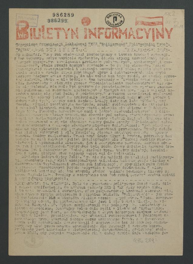 Biuletyn Informacyjny : czasopismo Organizacji Zakładowej NSZZ „Solidarność” Politechniki Wrocławskiej. 1982, numer 7