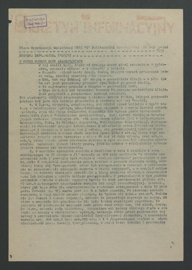 Biuletyn Informacyjny : pismo Organizacji Zakładowej NSZZ „Solidarność” Politechniki Wrocławskiej. 1982, numer 8-9