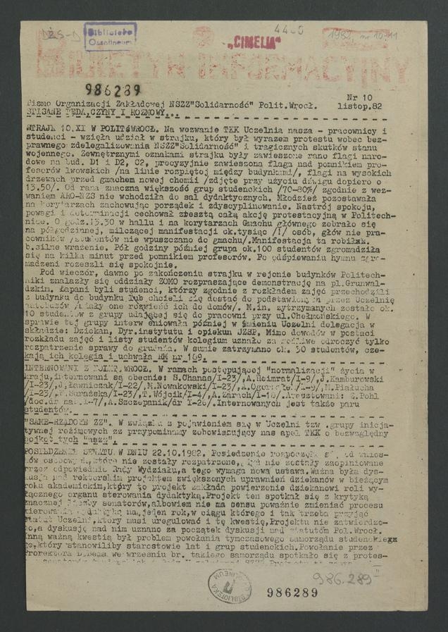 Biuletyn Informacyjny : pismo Organizacji Zakładowej NSZZ „Solidarność” Politechniki Wrocławskiej. 1982, numer 10