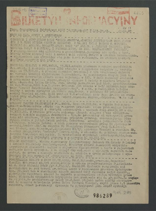Biuletyn Informacyjny : pismo Organizacji Zakładowej NSZZ „Solidarność” Politechniki Wrocławskiej. 1982, numer 11