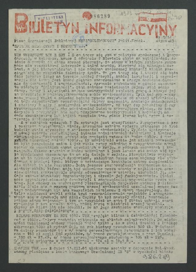 Biuletyn Informacyjny : pismo Organizacji Zakładowej NSZZ „Solidarność” Politechniki Wrocławskiej. 1983, numer 1 (12)