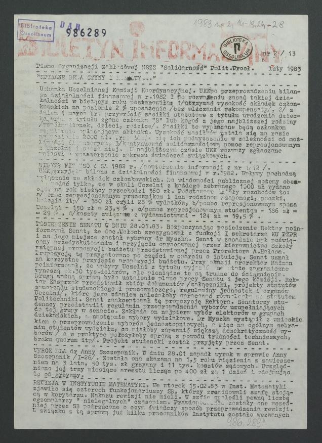 Biuletyn Informacyjny : pismo Organizacji Zakładowej NSZZ „Solidarność” Politechniki Wrocławskiej. 1983, numer 2 (13)