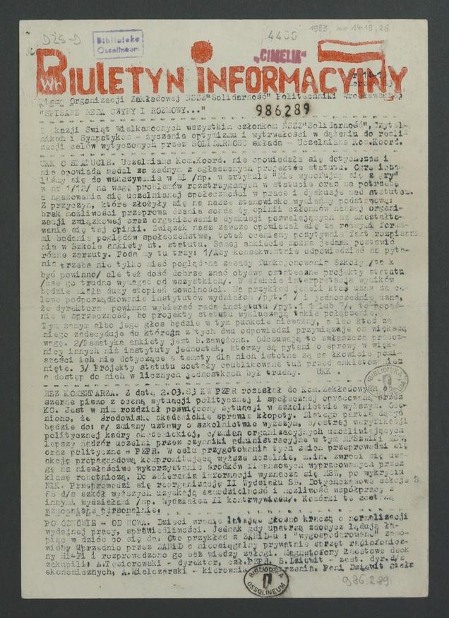 Biuletyn Informacyjny : pismo Organizacji Zakładowej NSZZ „Solidarność” Politechniki Wrocławskiej. 1983, numer 14-15