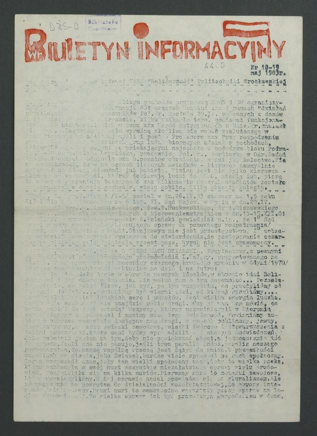 Biuletyn Informacyjny : pismo Organizacji Zakładowej NSZZ „Solidarność” Politechniki Wrocławskiej. 1983, numer 18-19