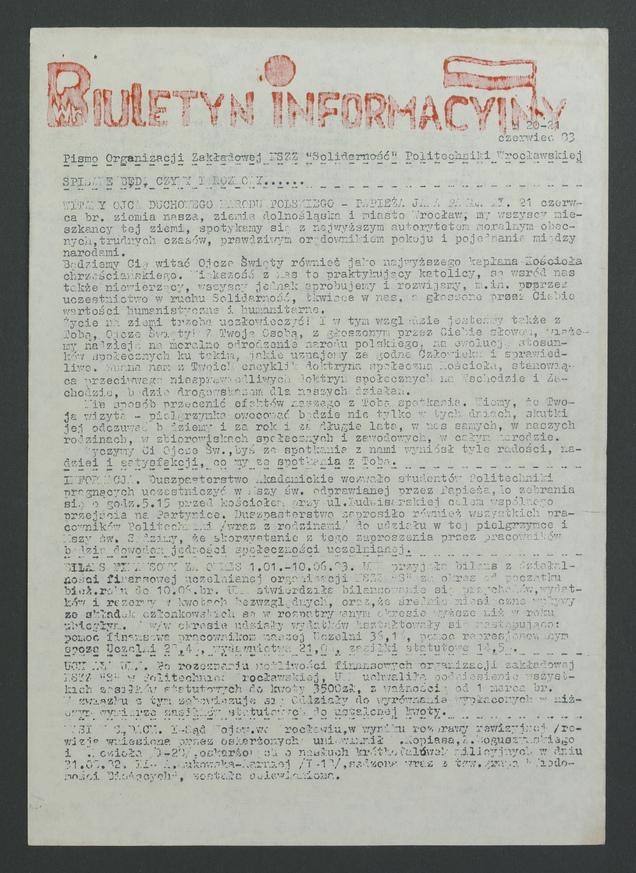 Biuletyn Informacyjny : pismo Organizacji Zakładowej NSZZ „Solidarność” Politechniki Wrocławskiej. 1983, numer 20-21