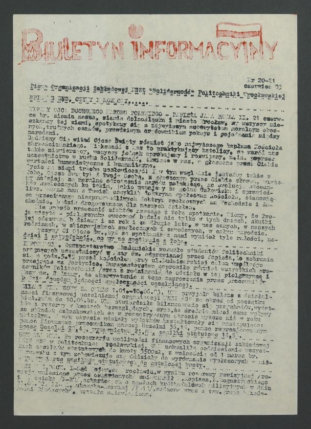 Biuletyn Informacyjny : pismo Organizacji Zakładowej NSZZ „Solidarność” Politechniki Wrocławskiej. 1983, numer 20-21 [egzemplarz 2]