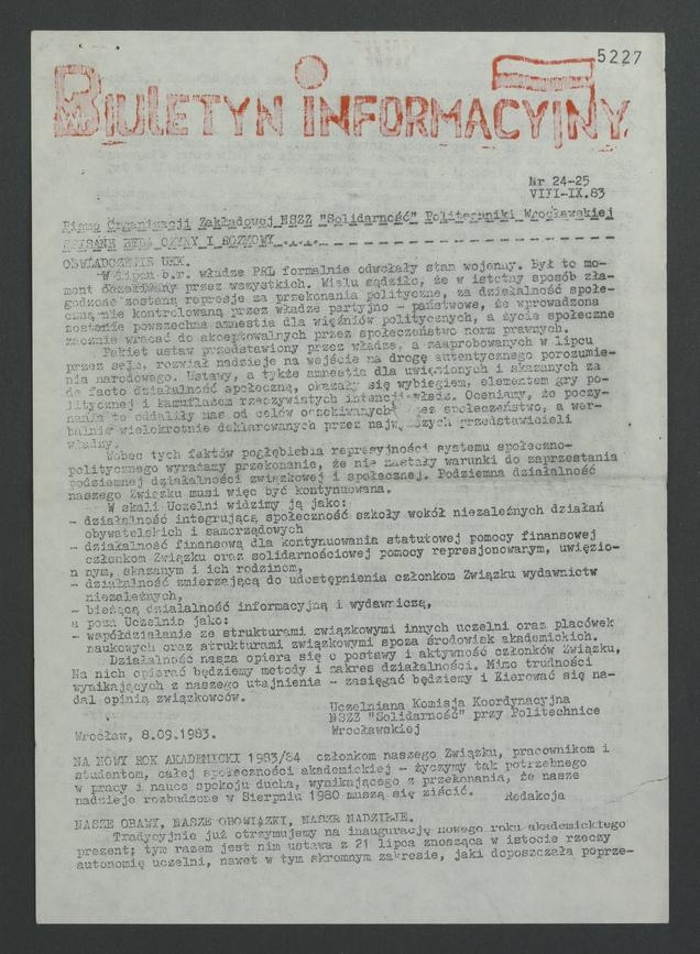 Biuletyn Informacyjny : pismo Organizacji Zakładowej NSZZ „Solidarność” Politechniki Wrocławskiej. 1983, numer 24-25