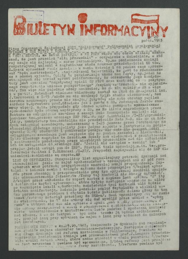 Biuletyn Informacyjny : pismo Organizacji Zakładowej NSZZ „Solidarność” Politechniki Wrocławskiej. 1983, numer 26