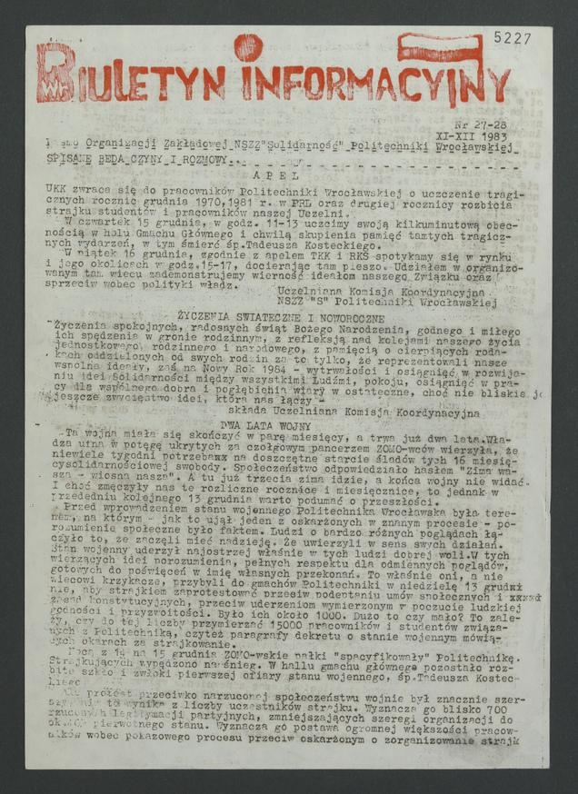 Biuletyn Informacyjny : pismo Organizacji Zakładowej NSZZ „Solidarność” Politechniki Wrocławskiej. 1983, numer 27-28