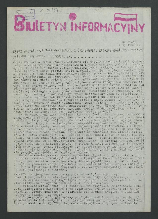 Biuletyn Informacyjny : pismo Organizacji Zakładowej NSZZ „Solidarność” Politechniki Wrocławskiej. 1984, numer 31-32