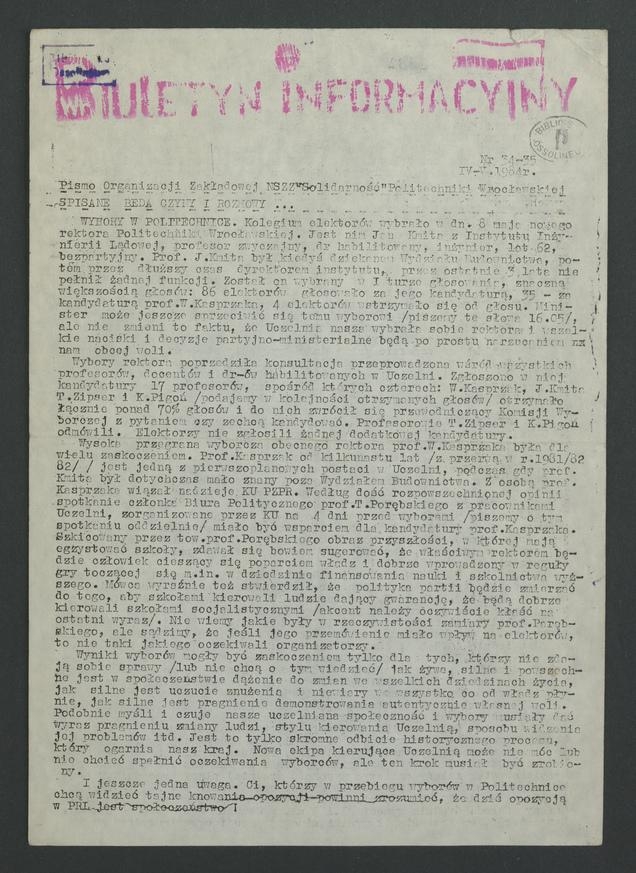 Biuletyn Informacyjny : pismo Organizacji Zakładowej NSZZ „Solidarność” Politechniki Wrocławskiej. 1984, numer 34-35