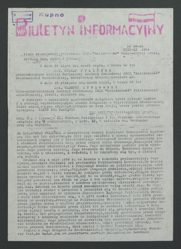 Biuletyn Informacyjny : pismo Organizacji Zakładowej NSZZ „Solidarność” Politechniki Wrocławskiej. 1984, numer 38-39