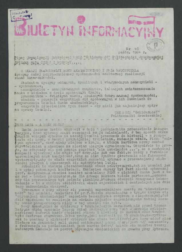Biuletyn Informacyjny : pismo Organizacji Zakładowej NSZZ „Solidarność” Politechniki Wrocławskiej. 1984, numer 40