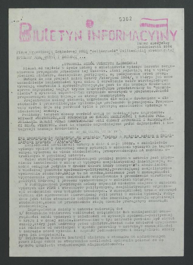 Biuletyn Informacyjny : pismo Organizacji Zakładowej NSZZ „Solidarność” Politechniki Wrocławskiej. 1984, numer specjalny