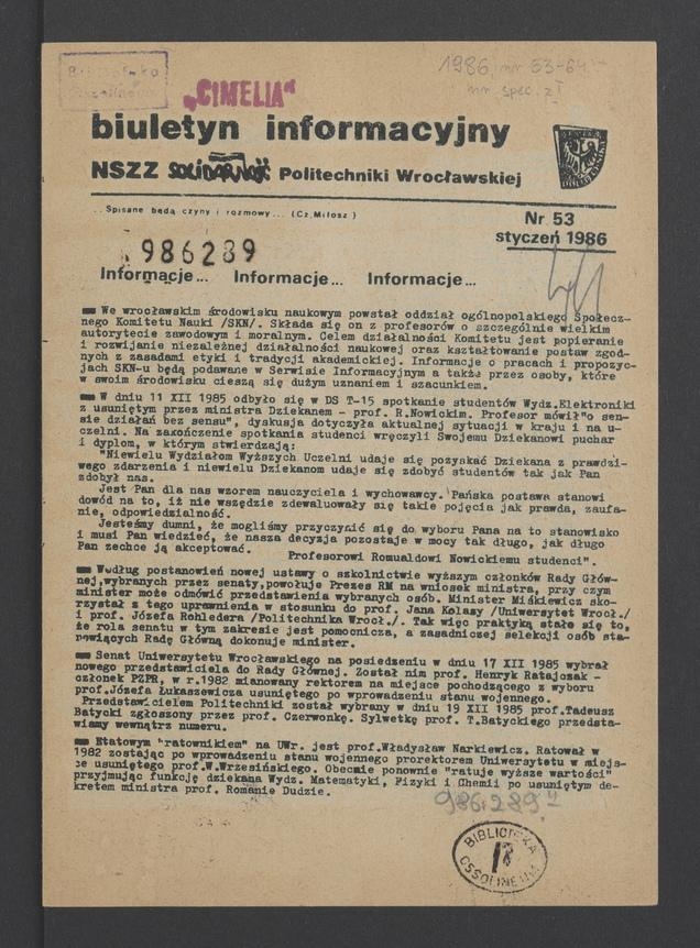 Biuletyn Informacyjny NSZZ „Solidarność” Politechniki Wrocławskiej. 1986, numer 53