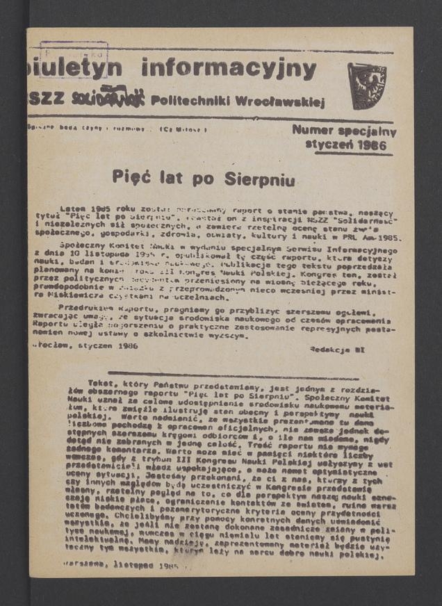Biuletyn Informacyjny NSZZ „Solidarność” Politechniki Wrocławskiej. 1986, numer specjalny