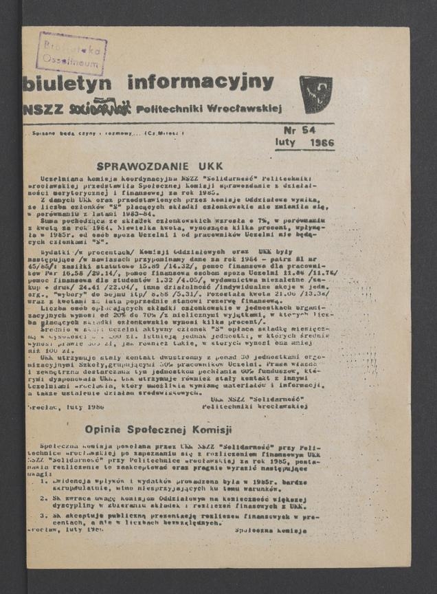 Biuletyn Informacyjny NSZZ „Solidarność” Politechniki Wrocławskiej. 1986, numer 54