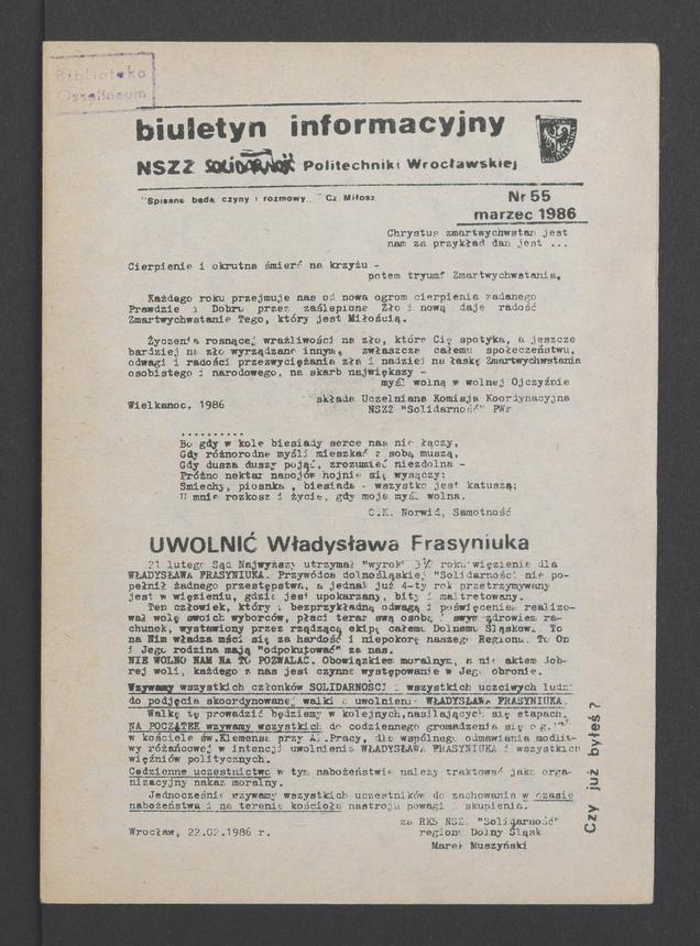 Biuletyn Informacyjny NSZZ „Solidarność” Politechniki Wrocławskiej. 1986, numer 55