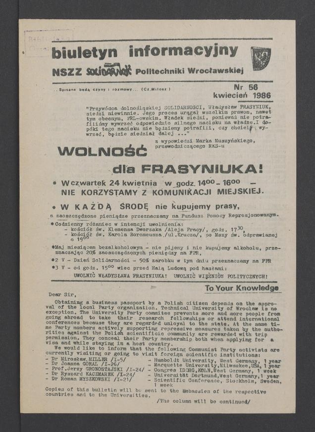 Biuletyn Informacyjny NSZZ „Solidarność” Politechniki Wrocławskiej. 1986, numer 56