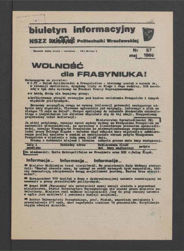 Biuletyn Informacyjny NSZZ „Solidarność” Politechniki Wrocławskiej. 1986, numer 57