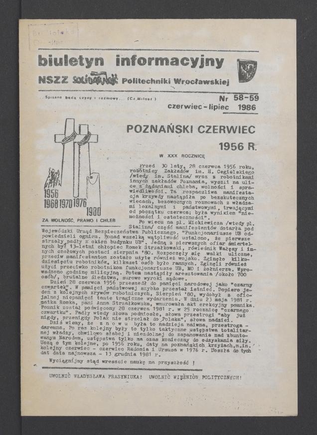 Biuletyn Informacyjny NSZZ „Solidarność” Politechniki Wrocławskiej. 1986, numer 58-59