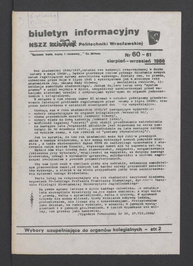 Biuletyn Informacyjny NSZZ „Solidarność” Politechniki Wrocławskiej. 1986, numer 60-61