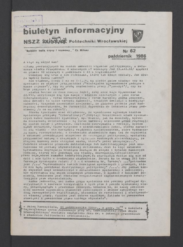 Biuletyn Informacyjny NSZZ „Solidarność” Politechniki Wrocławskiej. 1986, numer 62