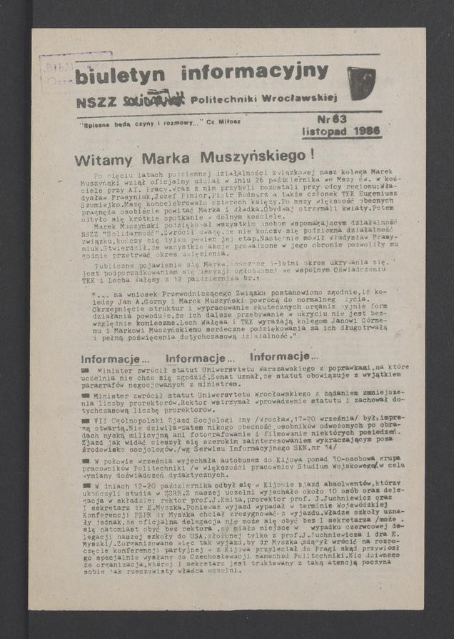 Biuletyn Informacyjny NSZZ „Solidarność” Politechniki Wrocławskiej. 1986, numer 63