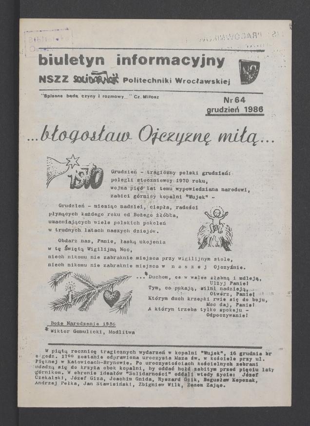 Biuletyn Informacyjny NSZZ „Solidarność” Politechniki Wrocławskiej. 1986, numer 64