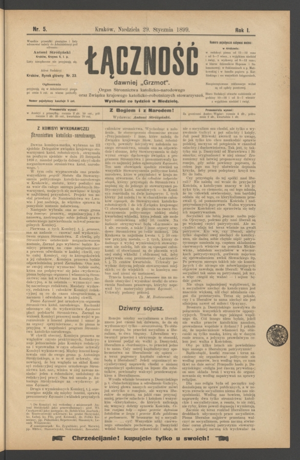Łączność&nbsp;: dawniej &bdquo;Grzmot&rdquo;&nbsp;: organ Stronnictwa Katolicko-Narodowego oraz Związku Krajowego Katolicko-Robotniczych Stowarzyszeń. Rok&nbsp;1, 1899, numer&nbsp;5