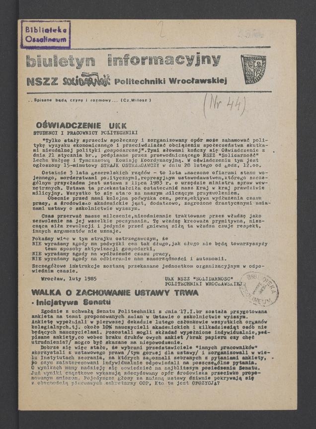 Biuletyn Informacyjny NSZZ „Solidarność” Politechniki Wrocławskiej. 1985, numer 44