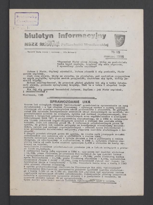 Biuletyn Informacyjny NSZZ „Solidarność” Politechniki Wrocławskiej. 1985, numer 45