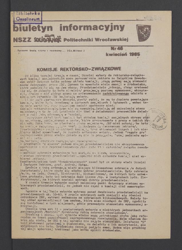 Biuletyn Informacyjny NSZZ „Solidarność” Politechniki Wrocławskiej. 1985, numer 46