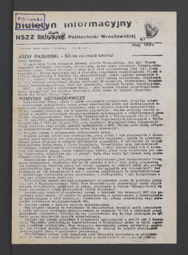 Biuletyn Informacyjny NSZZ „Solidarność” Politechniki Wrocławskiej. 1985, numer 47