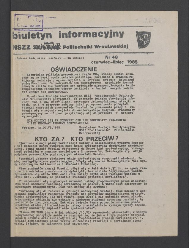 Biuletyn Informacyjny NSZZ „Solidarność” Politechniki Wrocławskiej. 1985, numer 48