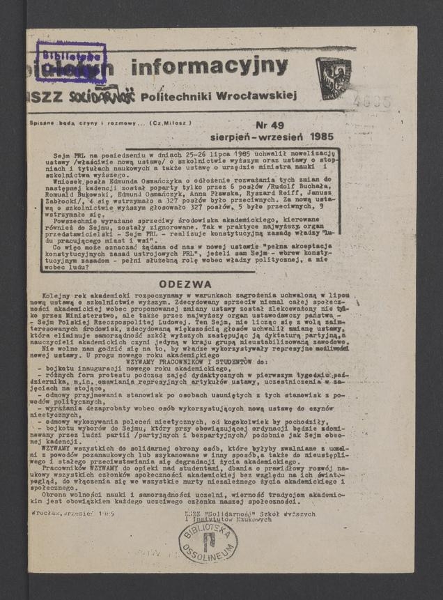 Biuletyn Informacyjny NSZZ „Solidarność” Politechniki Wrocławskiej. 1985, numer 49