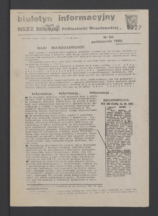Biuletyn Informacyjny NSZZ „Solidarność” Politechniki Wrocławskiej. 1985, numer 50