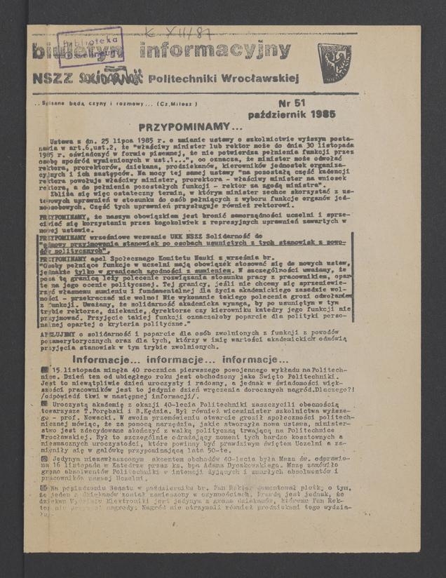 Biuletyn Informacyjny NSZZ „Solidarność” Politechniki Wrocławskiej. 1985, numer 51