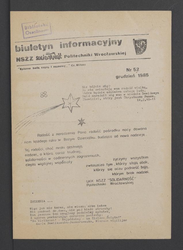 Biuletyn Informacyjny NSZZ „Solidarność” Politechniki Wrocławskiej. 1985, numer 52
