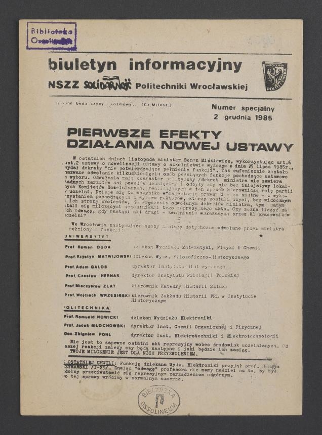 Biuletyn Informacyjny NSZZ „Solidarność” Politechniki Wrocławskiej. 1985, numer specjalny