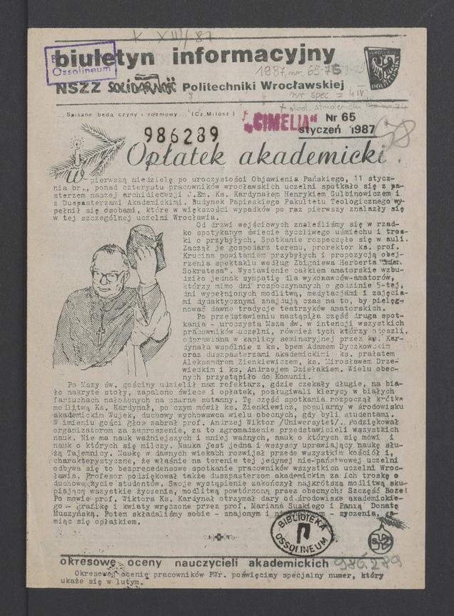 Biuletyn Informacyjny NSZZ „Solidarność” Politechniki Wrocławskiej. 1987, numer 65