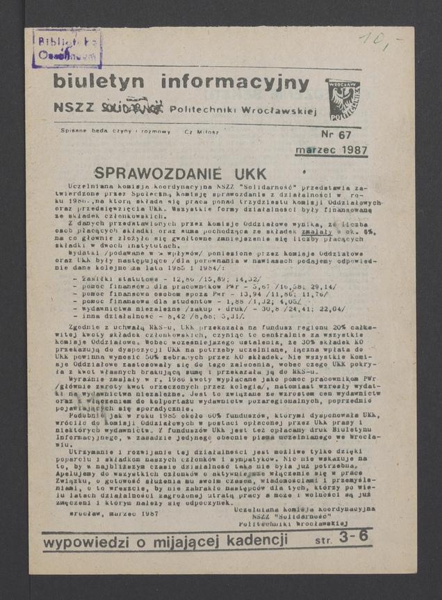 Biuletyn Informacyjny NSZZ „Solidarność” Politechniki Wrocławskiej. 1987, numer 67