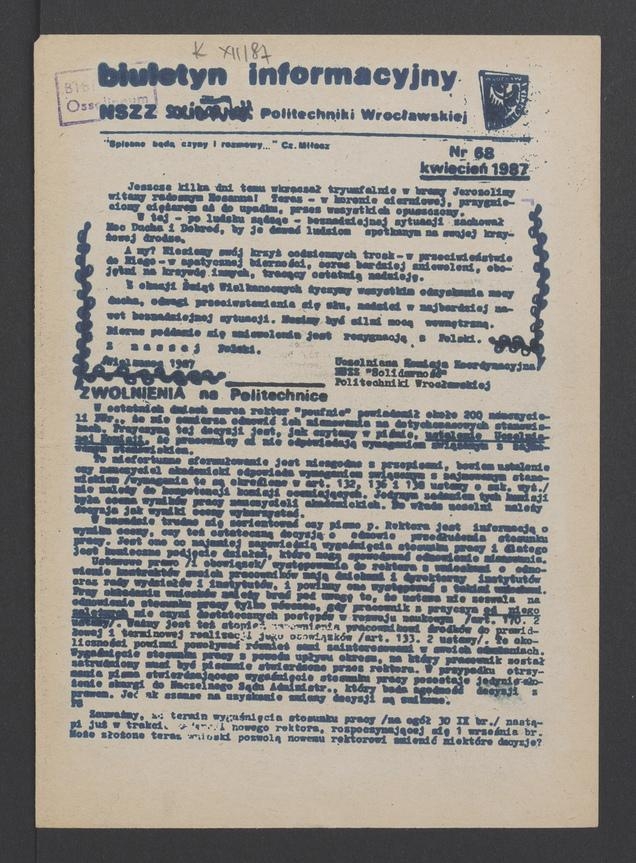 Biuletyn Informacyjny NSZZ „Solidarność” Politechniki Wrocławskiej. 1987, numer 68