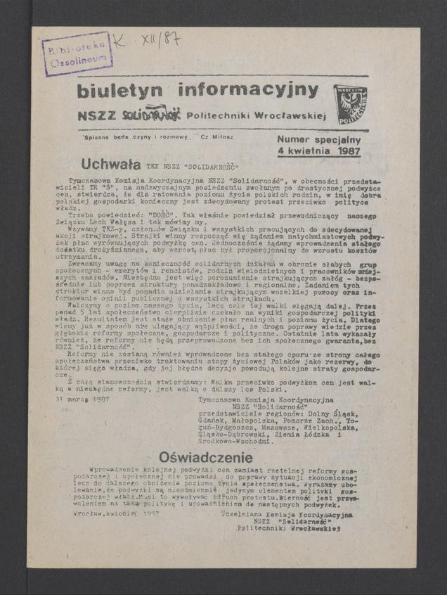 Biuletyn Informacyjny NSZZ „Solidarność” Politechniki Wrocławskiej. 1987, numer specjalny