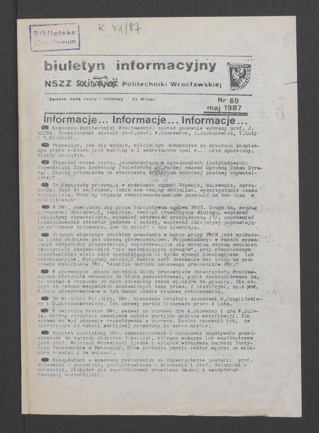 Biuletyn Informacyjny NSZZ „Solidarność” Politechniki Wrocławskiej. 1987, numer 69