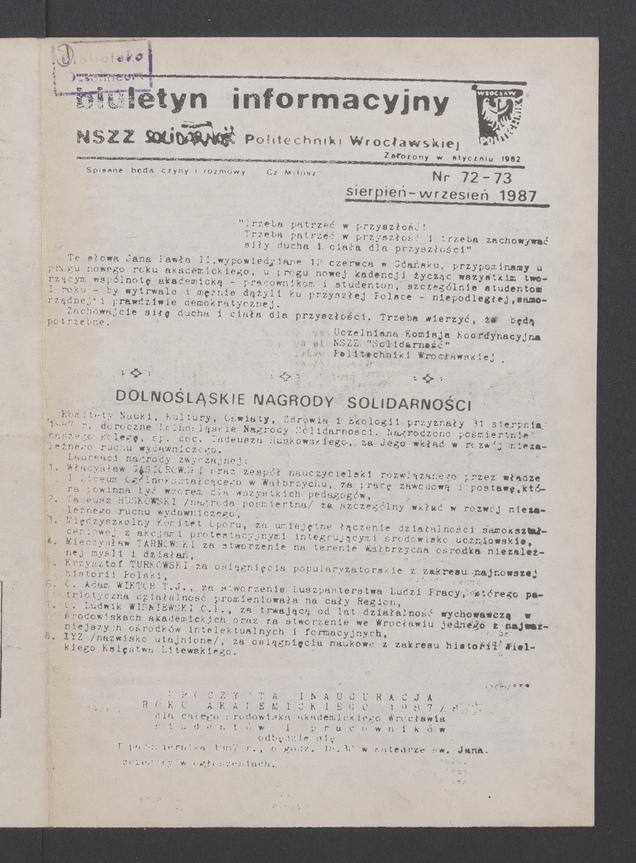 Biuletyn Informacyjny NSZZ „Solidarność” Politechniki Wrocławskiej. 1987, numer 72-73